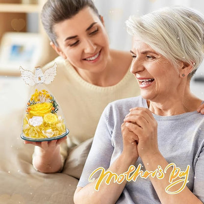 FIACO Gifts for Women Preserved Rose Forever Flower in Glass Angel Figurine Fresh Flowers for Delivery Mothers Day Birthday Gifts for Mom Grandma Wife Sister Yellow