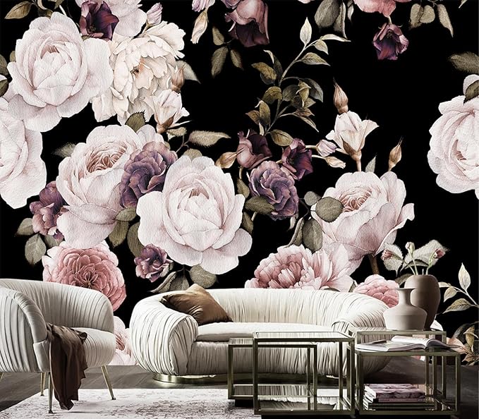 Cliouar-Peony Flowers Wall Mural - Purple Flower Wallpaper, Rose Mural Peel and Stick 90" x 67"