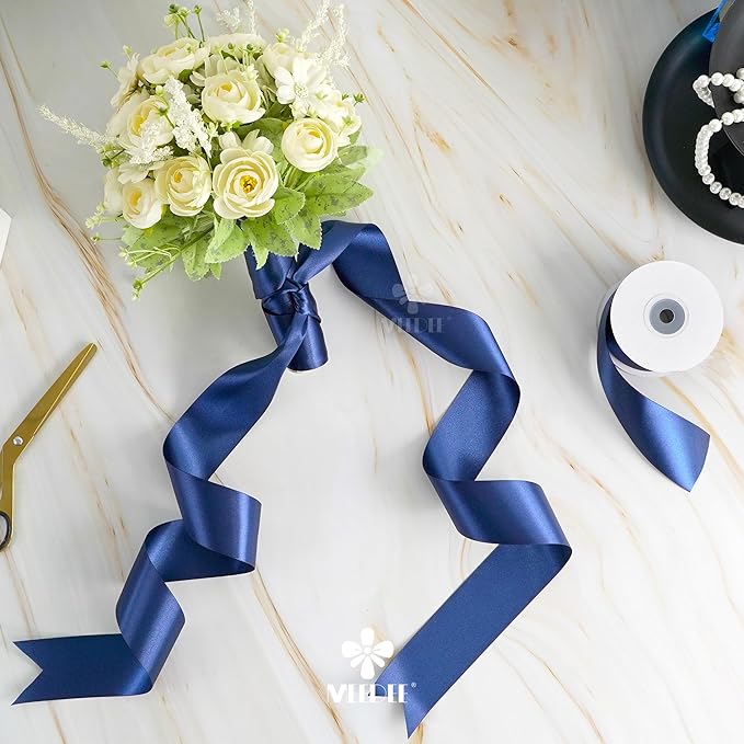 MEEDEE 2 Inch Navy Blue Ribbon Lux Double Faced Ribbon by 25 Yards Navy Silk Ribbons Navy Blue Satin Ribbons for Gift Wrapping, Weddings, Flower Bouquet, Holiday Decorating