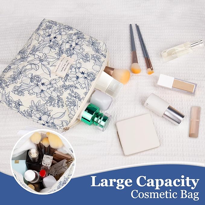2PC Makeup Bag Set, Cute Cosmetic Bag for Women Girls, Floral Coquette Aesthetic Toiletry Bag, Travel Make Up Organizer Bag (White Pink Butterfly Flower)