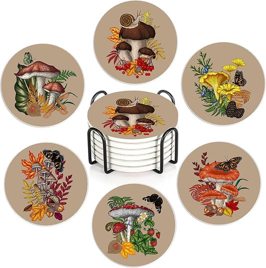 Drink Coasters Set of 6,Mushroom Coffee Cup Mat with Storage Holder, Durable Ceramic Coaster Set for Hot & Cold Beverages
