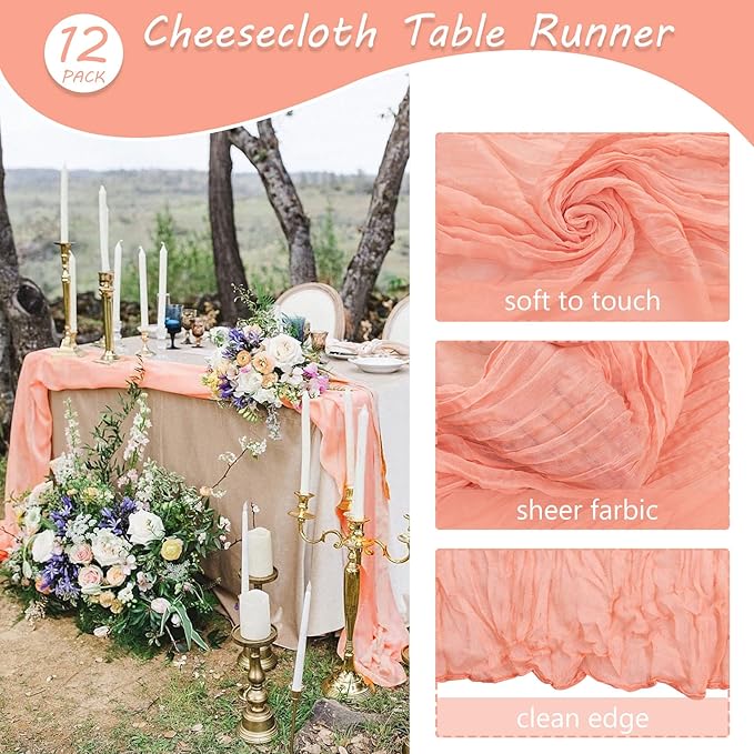 12 Pack 10Ft Cheesecloth Boho Gauze Table Runner - 35x120 Inch Rustic Cheese Cloth Long Table Runner for Wedding, Bridal Shower, Birthday Party Decor (Peach Coral)