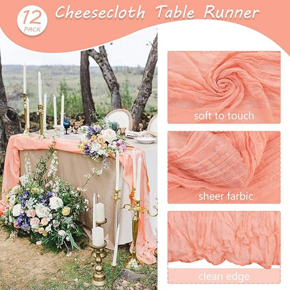 12 Pack 13Ft Cheesecloth Table Runner 35x157 Inch Boho Gauze Table Runner Cheese Cloth Long Table Runners Rustic Table Runners for Wedding Bridal Shower Birthday Party Table Decor (Peach Coral)