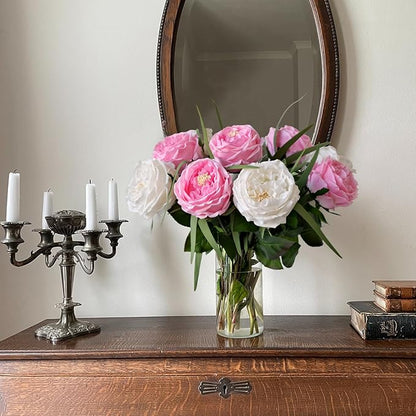 YalzoneMet 3.5'' Big Bloom Rose Artificial Flowers Pink 4Pcs Real Touch Rose Faux 17.7 Inch Long Stem Austen Roses Peonies Fake Flowers for Home Kitchen Party Christmas Flower Wedding Decor