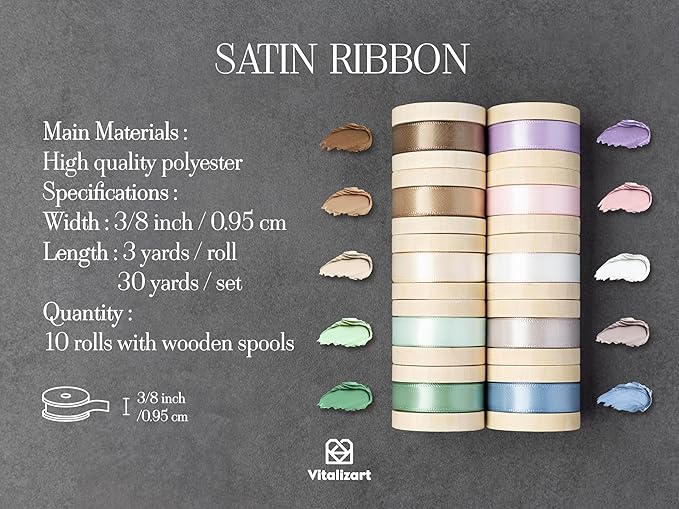 Vitalizart Ribbon for Flower Bouquet 3/8 Inch Satin Ribbon for Gift Wrapping Hair Crafts Assorted Pastel Fabric Silk Like Wedding Balloon 30 Yards