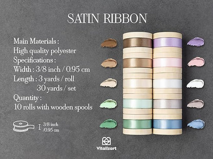Vitalizart Ribbon for Flower Bouquet 3/8 Inch Satin Ribbon for Gift Wrapping Hair Crafts Assorted Pastel Fabric Silk Like Wedding Balloon 30 Yards