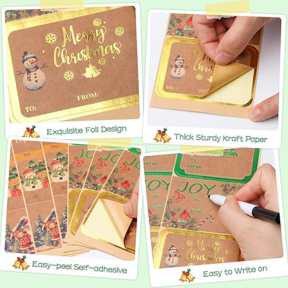AuroTrends Jumbo Christmas Name Tags Stickers 80 Pcs/8 Designs- Kraft Name Tags for Christmas Presents Christmas Tags Stickers with Relective Metallic Foil