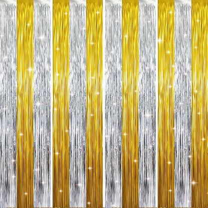 GOER 3.2 ft x 8.2 ft Metallic Tinsel Foil Fringe Curtains Party Backdrop Party Streamers for Birthday,Graduation,New Year Eve Decorations Wedding Decor (4 Pcs,Gold&Silver)