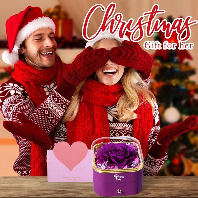 Christmas Flower Gifts for Mom,Birthday Gifts for Women,Preserved Purple Real Rose with Purple Necklace,Forever Flowers Rose Gifts for Women Mom Wife Girlfriend on Anniversary Valentines Mothers Day