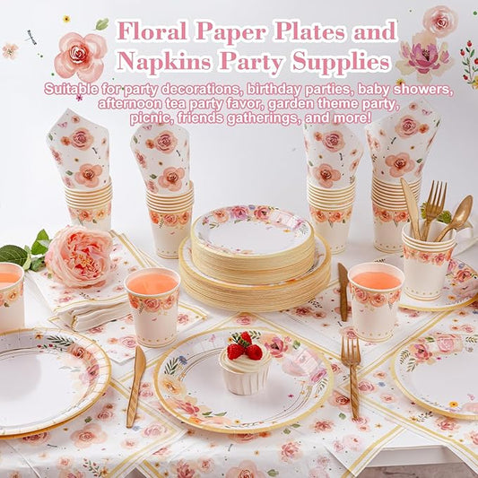 353PCS Floral Paper Plates and Napkins Party Supplies - Serves 50 Floral Decorations Include Plates, Cups, Napkins, Cutlery