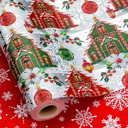 Yarcony Reversible Christmas Wrapping Paper, Vintage Christmas Ornament Gift Wrapping Paper, Classic Watercolor Retro House and Snowflakes Pattern for Holiday, Party(Mini Roll, 17Inch x 33Feet)