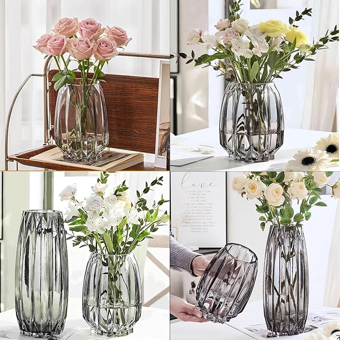 Large Flower Vase,11 inch,GIDARY Thickened Clear Ribbed Glass Vase for Bookshelf,Dinner Table,Indoor Office Desktop,Meeting Room,Home Christmas Day Decoration