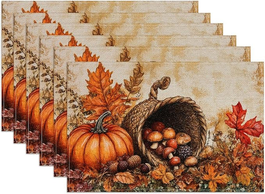 Fall Pumpkin Placemats Set of 6, Autum Mushroom Leaf Linen Place Mat Washable Stain Resistant Table Mats for Farmhouse Kitchen Dining Party Wedding Decor 12x18 Inch