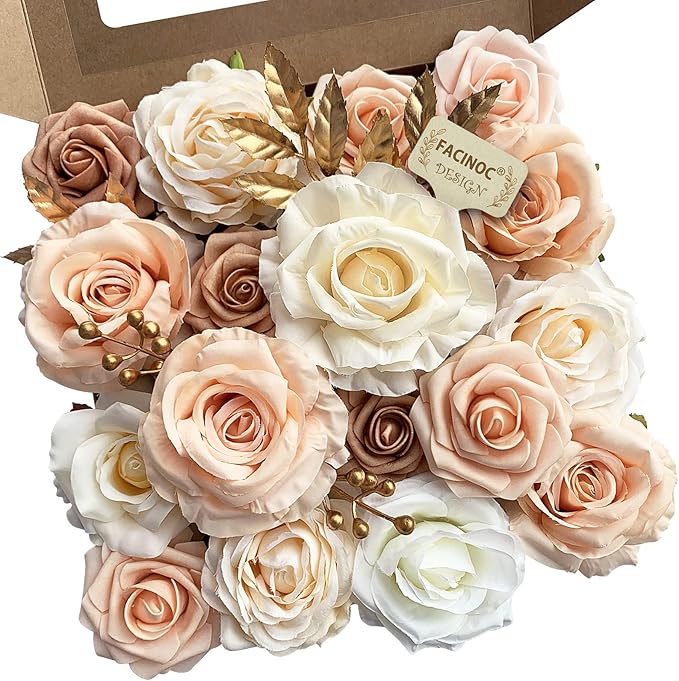 Roses Artificial Flowers Bouquet Combo Box Set Fake Flower Bulk for DIY Bridal Baby Shower Decorations Wedding Centerpieces for Table Silk Floral Arrangements Party Home Decor Indoor Peach