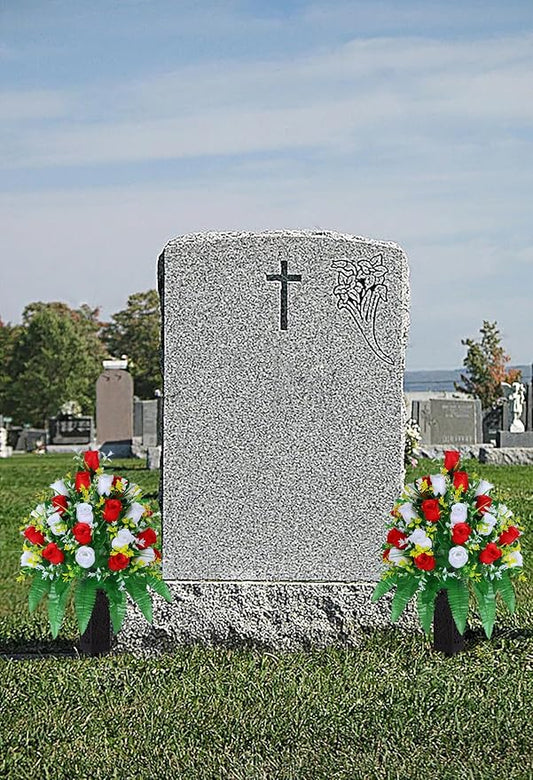 Artificial Cemetery Flowers, Gravesite Decoration Roses, Memorial Bouquets with Cemetery Vase, Vibrant and Long-Lasting Colors (Red + White, 2 Bundles)