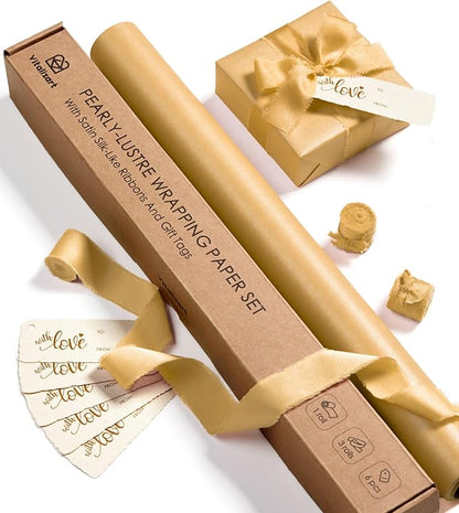 Vitalizart Gold Wrapping Paper Set 17" Pearly-Lustre With Silk Like Satin Ribbon & Gift Tags Recyclable Christmas Gift Wrapping Birthday Baby Shower Wedding Handmade Crafts 197"(16.4 Ft)