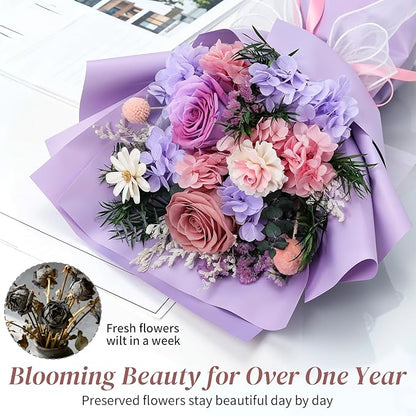 Lewondr Flower for Delivery, Preserved Flowers Bouquet, Purple Rose Bouquet, Real Long-Lasting Forever Birthday Flowers Gifts for Mom Grandma Wife Women Mothers Day Anniversary Christmas, Pink-Purple