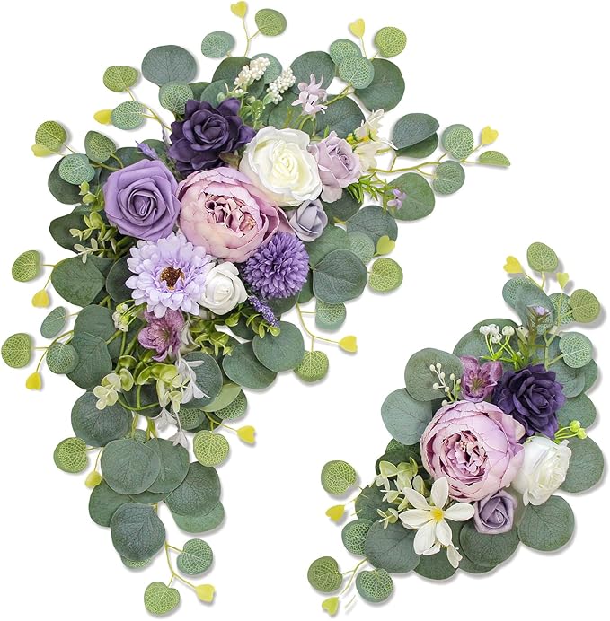 Artificial Wedding Arch Flowers for Wedding Sign,Set of 2 for Wedding Welcome Ceremony Sign,Faux Floral Swags,Wedding, Banquet and Reception Backdrop Floral Decoration (Purple)