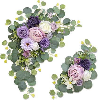 Artificial Wedding Arch Flowers for Wedding Sign,Set of 2 for Wedding Welcome Ceremony Sign,Faux Floral Swags,Wedding, Banquet and Reception Backdrop Floral Decoration (Purple)