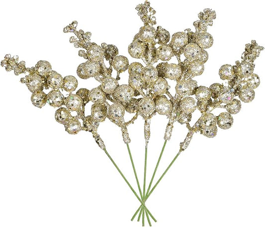14 Pack Christmas Glitter Berries Stems Clearance, 7.8 Inch Artificial Christmas Picks for Christmas Tree Ornaments, DIY Xmas Wreath, Crafts, Holiday and Home Decor, Champagne