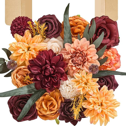Artificial Flowers, Fall Orange and Red Silk Flowers for DIY Wedding Bridal Bouquets, Fall Fake Cake Flowers for Table Centerpieces Party Home Decorations