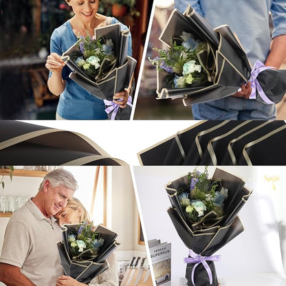 YIDATIKER 20 sheet Flower Wrapping Paper,waterproof floral wrapping paper for bouquets,DIY Florist Supplies Packaging Paper with satin ribbon for Wedding,Birthday,Valentine's Day(Black)