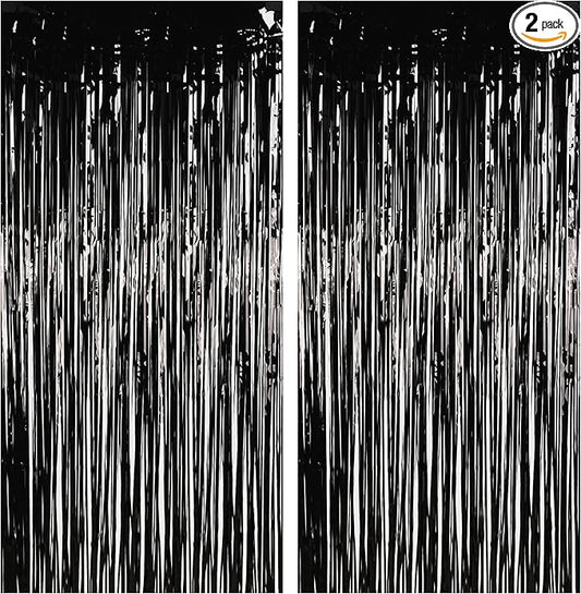 Foil Fringe Curtain Halloweens Party Decorations - Pure Black Tinsel Photo Backdrop Party Steamers Curtains for Christmas/New Years/Boy/Men/Birthdays/Music/Stranger Theme/Prom/Retirement Parties