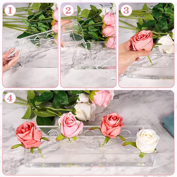 PaulTellie Acrylic Flower Vase Rectangular 4 Pack - Clear Floral Centerpiece for Dining Table Each 14 Inches, Connect to Form 56 Inches Long Rectangle Acrylic Vase for Home Wedding Dining Table Decor