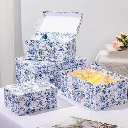 Briful Blue and white Porcelain Storage Boxes, Photos Storage Boxes with Lids 4 in 1 Set Water-proof Gift Boxes Sets Decorative Multiple Size Storage Bins for Clothes/Office/Christmas Decorations