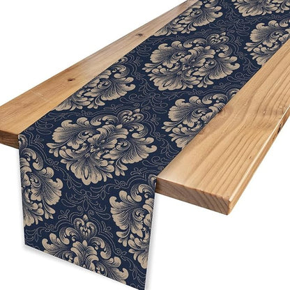 Vintage Damask Table Runner, Blue Classical Luxury Old Fashioned Damask Royal Victorian Flora Print Table Center Decor for Family Kitchen Table Decorations Indoor Outdoor 13x36 inch