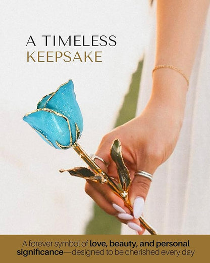 Forever Rose Hand-Dipped in 24K Gold, Aquamarine-Inspired March Birthstone with Sparkles, Real Rose in Luxury Gold Gift Box – Perfect Ready to Gift for March Birthday or Any Occasion