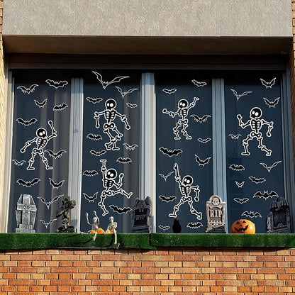 Halloween Wall Decals and Skeleton Window Clings - 6 Sheets 43 Pcs Removable Black Ghost Bat Wall Stickers for Mirrors, Windows, Home Bedroom Party Decor