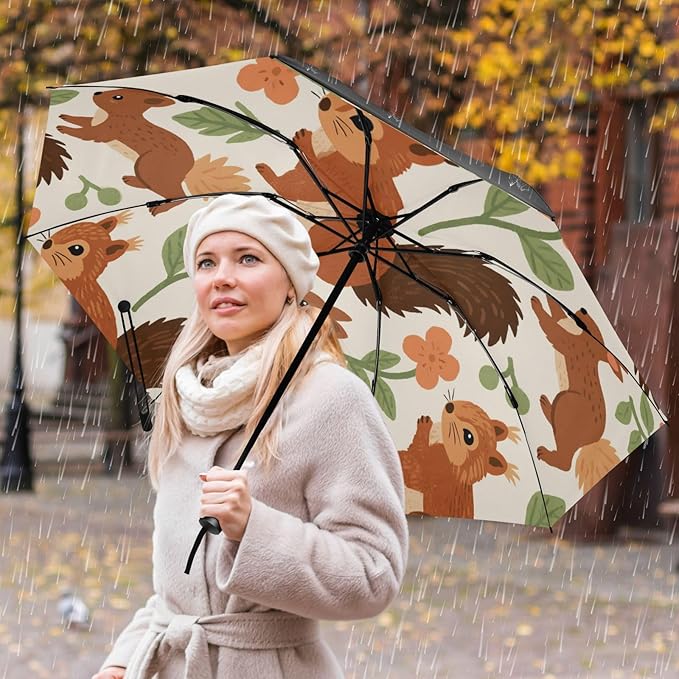 Squirrels and Flowers Pattern Print Folding Umbrella Compact Travel Automatic Open Close Sun UV Protection Reverse Inverted Umbrella for Rain Women Men Outsid
