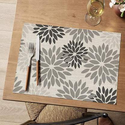 Artoid Mode Floral Vinyl Placemats Set of 6, Heat Resistant Washable Non-Slip Plistic PVC Place Mats for Halloween Party Kitchen Dining Decor, Gray