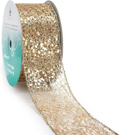 CT CRAFT LLC Sparkling Glitter Mesh Wired Ribbon 2.5" x 20 Yards Champagne Gold for Christmas Home Decor Bow Gift Wrapping DIY Crafts Wreath