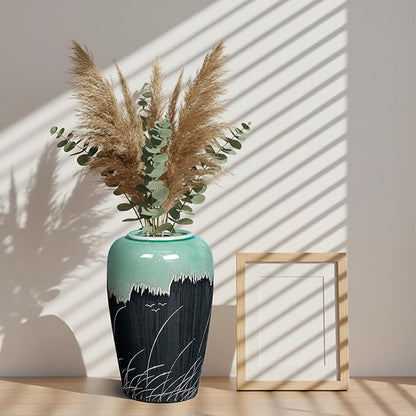 Black and Green Vase, 8 Inch Green Ceramic Vase with Textured Crackle Glaze, Modern Farmhouse Vases for Home Decor, Rustic Centerpiece for Living Room, Bathroom