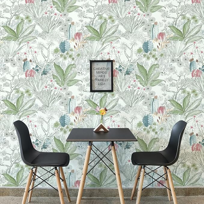 Wudnaye Boho Peel and Stick Wallpaper Catus Wallpaper 17.7" x 236.2"Vintage Floral Wallpapers Peel and Stick Botanical Removable Wall Paper Boho Self Adhesive Contact Paper for Bathroom Cabinets