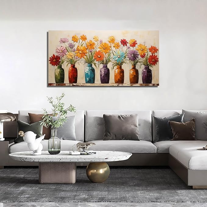 Colorful Daisy Floral Canvas Wall Art, Modern Abstract Flower in Vase Pictures for Living Room Bedroom Office Wall Decor, Horizontal Printed Painting Artwork Home Decorations, Size 40x20 Inches