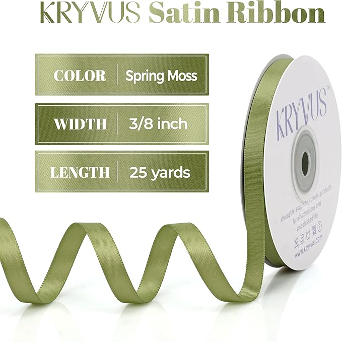 Moss Green Satin Ribbon, Double Faced 3/8 Inch X 25 Yards Moss Green Ribbon, Premium Satin Ribbon for Gift Wrapping, Crafts, Hair Bow Making, Sewing, Flower Bouquet, Wedding Party Decor