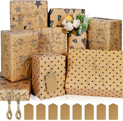 BWLOIES Wrapping Paper Set,Eco Gift Wrapping Paper Folded Sheets,Birthday Gift Wrap Kit,Eco Birthday Paper Recycled Kraft Gift Wrapper paper for Girls Kids Man Boys Women,Tags string