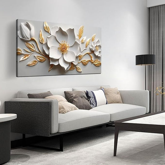 Canvas Wall Art for Living Room Bedroom Office White and Gold Flower Artwork Large Botanical Wall Art Framed Wall Decor Modern Canvas Prints 24x48 In