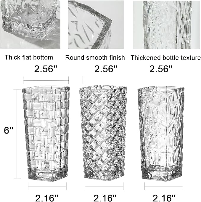 Clear Glass Vase for Flowers Square Embossed Rectangle 6in High Glass Bud Vases Small Vase for Flowers Plant Terrarium Candle Holder Water Glasses for Wedding Centerpiece Office Table, Rattan