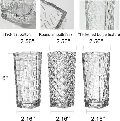 Clear Glass Vase for Flowers Square Embossed Rectangle 6in High Glass Bud Vases Small Vase for Flowers Plant Terrarium Candle Holder Water Glasses for Wedding Centerpiece Office Table, Rattan