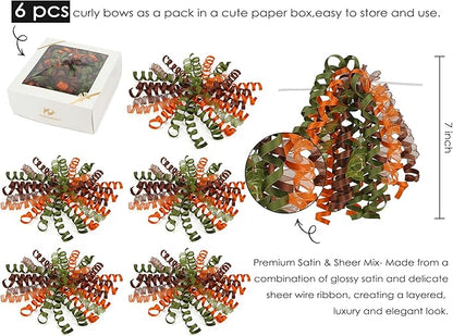 HUIHUANG Fall Bows for Gift Wrapping Moss Green/Orange/Brown Curly Bows with Self Adhesive & Twist Tie, 7 inch Sheer Satin Ribbon Bow for Presents, Gift Basket, Fall Decor, Party Favors- 6 Counts