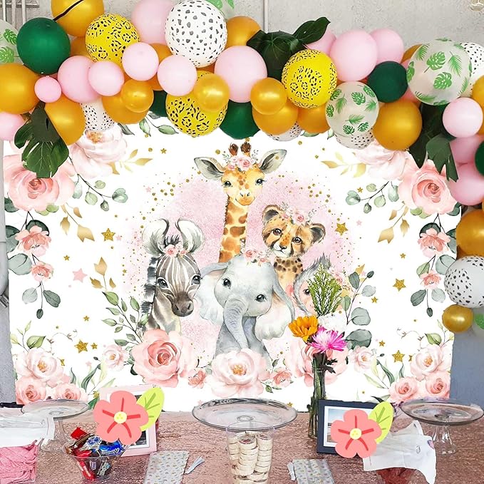 Sensfun Jungle Safari Baby Shower Backdrop It's A Girl Pink Floral Zoo Animals Baby Shower Party Decorations Wild One Birthday Photography Background Cake Table Banner Supplies (5x3ft)