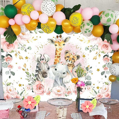 Sensfun Jungle Safari Baby Shower Backdrop It's A Girl Pink Floral Zoo Animals Baby Shower Party Decorations Wild One Birthday Photography Background Cake Table Banner Supplies (8x6ft)