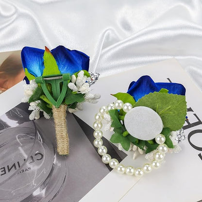SITUMEIZI 2Pcs Blue Corsage and Boutonniere Set,Corsage Wristlet for Prom Decor,Boutonniere for Men Wedding Flowers Accessories Party Suit Decoration(Athens Blue)