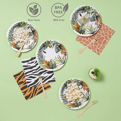 127 PCS Safari Birthday Decorations – Includes Safari Balloon Arch Kit, Pump, Cake Topper, Plates, Napkins, Bamboo Forks, and Banner – Animal Birthday Party Decorations for Boys, Girls, Serves 20