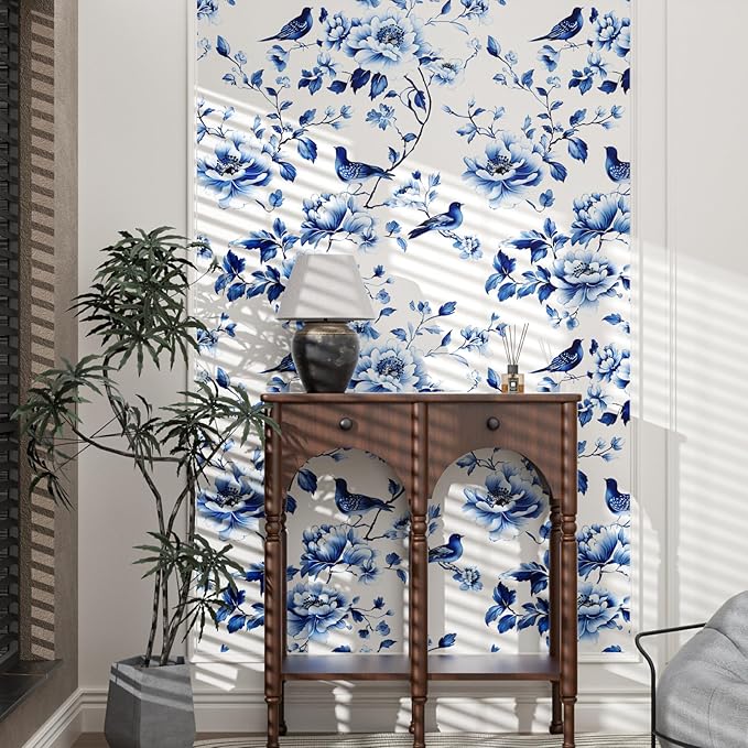 Blue Floral Wallpaper Peel and Stick Vintage Bird Leaf Contact Paper Self Adhesive Removable Modern Wall Mural Boho Wall Paper for Room Walls Cabinet Kitchen Decor 17.5in x9.8ft