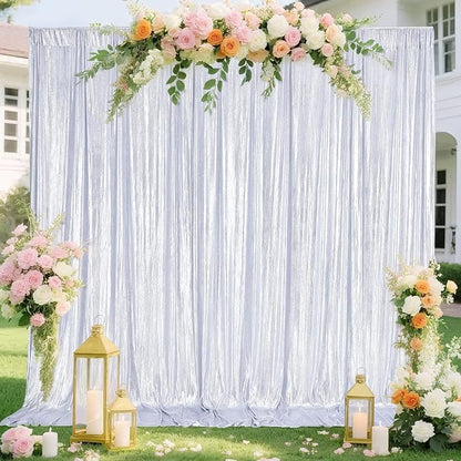 Silver Curtains Backdrop for Wedding Parties, Glitter Blrthday Drapes 4 Panels of 4.8x8FT Wrinkle Free Glitter Photo Backdrop Drapes
